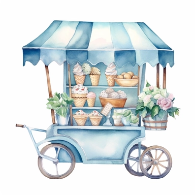 Watercolor wedding icecream blue stand, wedding clipart, simple, soft colors, cartoon elements, watercolor boho style, white transparent