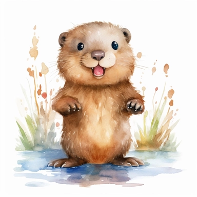 a captivating watercolor clipart image with a white background and white margins, featuring a cute sweet extremely happy smiling baby beaver, full body, The ultra-detailed, hand-drawn elements capture the details. Use vibrant shades of various colors to create a visually appealing image