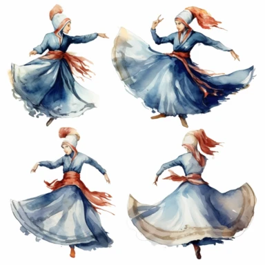 Watercolor Turkish fMevlana museum ., illustrations clipart set, simple, , cartoon elements, different variants , swirling dervishes, different poses , separate elements with a margin