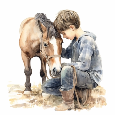 realistic watercolor drawing of a farm teenage boy taking loving care of a pony on a charming farm, on a white background where the background will be removed to repurpose as a clipart.
