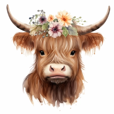 cute watercolor girl highland cow full body with hair bow on head and flower crown clipart on white background