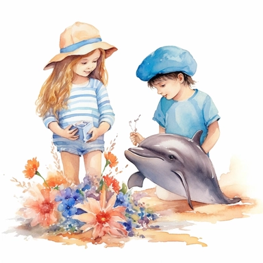 watercolor beauty girl and boy playing with dolphins, shells and flowers clipart on white background