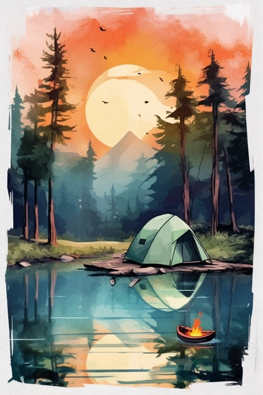 create a hand drawn watercolor clipart showcasing camping scene near lake, including tent, campfire, canoe, and serene water reflection, 4k,