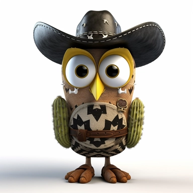 please create pixar style character clipart of owl dressed like a cowboy with white eyes, back view of body looking at the camera with head turned front view with golden and black grills, cactus