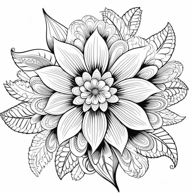 fabulous beautiful flower surrounded by amazing beautiful leaves and fabulous beautiful swirls, Spring flowers, fantasy, art line, clipart, vector, illustration, black white, in the style of a coloring book, clear white background