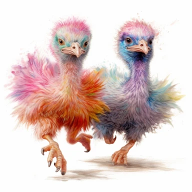 pair of cute ostrich chicks, running in sync, vibrant pastels, clipart, on a white background