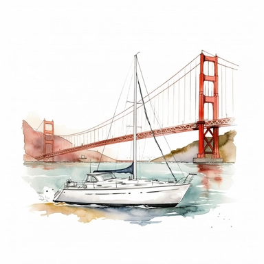 yacht in front Golden Gate Bridge, watercolor clipart, bright colors, minimalist, isolated white background, 8k