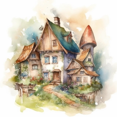 realistic Fairy house clipart, Magic cottage. Elf village. Digital watercolor. Magic landscape, elf. Wonderland, fairyland