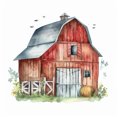 Barn, watercolor, doodle,fable, child book, clip art, transparent background, 300 dpi, nursery illustration, minimalist, vector illustration, optimistic