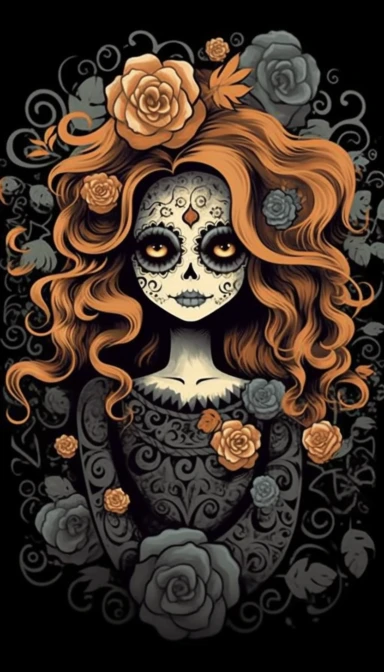 A clipart, Black background, kawaii, happy, in long hair black femme fatale Kelly Rowland dia de Muertos, Mexico city, julia shem, eric wallis, Junji Ito day of the dead sugar skulls, moonlight, mist, fog, swirling smoke mexican folklore - inspired, muted earth tones, chicano - inspired, a minimalistic modern logo Vector, flat design, gros piton and petit piton, sustainability