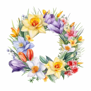 watercolor, spring flower, clipart, leaves, floral wreath, floral bouqet, dafodil, tulip, crocus, primrose, clipart, highly detailed, white backround