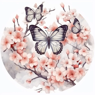 clipart Watercolor art of a cherry blossom branches, and butterflies, with soft pastel hues, illustration in the style of Ayami Kojima and J.C. Leyendecker, pixiv, high quality, highly detailed,on white background,fit image on paper, align center and middle, iw 0.75--ar 16:9