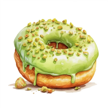 a beautiful detailed watercolor artwork of delicious Pistachio donut donut, food art, clipart, clear border, hd, on white background,