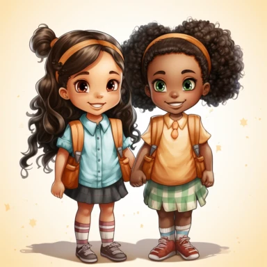 Cute Beautiful little African American girlschools , best friend , with backpack and book, full body, Cartoon, watercolor hand drawn, Sublimation Clipart,illustration style, high solution, png transparent background, white background for removing background - - no text shadow font watermark