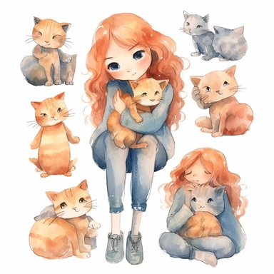 multiple poses characters of a girl hug her cat , watercolor in cartoon grunge style clipart on white background