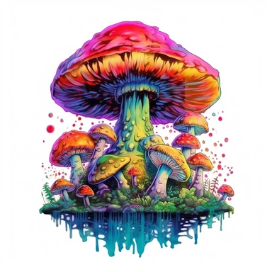 clipart mushroom in forrest, Psychedelic art, Acid Art, high resolution, neon rainbow colored, white background