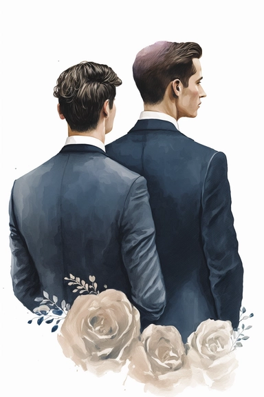 watercolor clipart of a groom and best man from the back view, in the style of realistic portrait drawings, subtle color variations, algeapunk, transparent/translucent medium, light navy black and white colors, watercolor storybook illustration, elegant style, hd clipart, on white background, spaced out