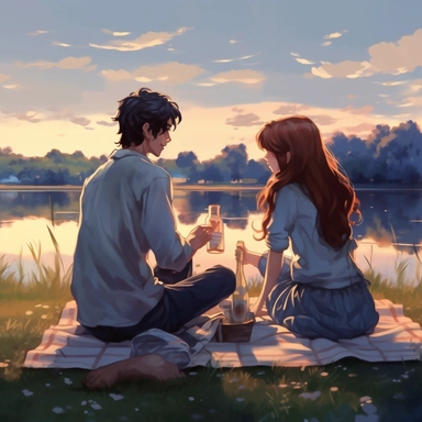 a young couple on the picnic by the lake, eating and drinking wine, in the style of anime art, anime style, anime characters, painterly style, cute and dreamy, highly realistic, cartelcore, high resolution, flat, gray and bronze, blue and bronze, detailed clipart, uhd image, view from the back
