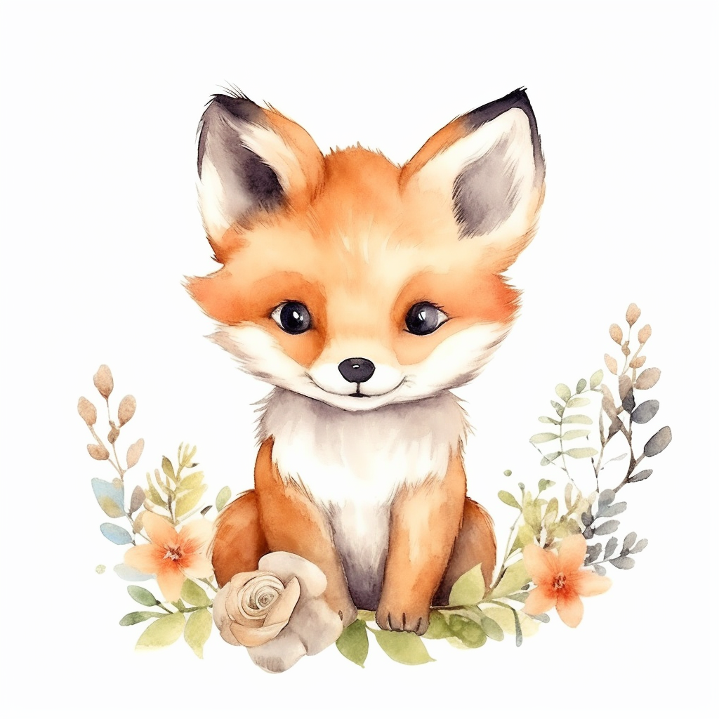 Watercolor Spring Baby Fox Woodland Creature On White Backgroung 