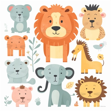 cute clipart of a [lion, giraffe, monkey, hippo], collage style, flat color, svg, rough shapes, silhouette, white background, few details
