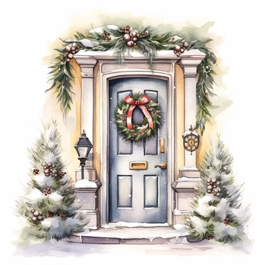Front Door with Christmas style by Lucy Fleming, watercolor, smooth gradients, black contour outline, ultra detailed, clipart elements, delicate pastel colors, solid white background, super clear, high quality