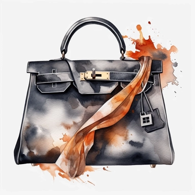 watercolor black Hermes bag Kelly model clipart, no background, 4K