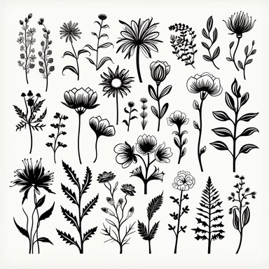 hand drawn floral sketches, black and white art, black ink on white background, bold lines, organic, silhouette, clipart