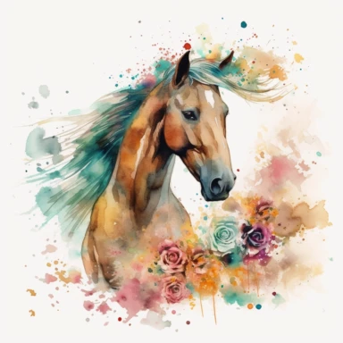 colorful Horse, full-body portrait, in frame, background frame, inside the background frame, (Mustang - Brown with a wild, untamed look), Watercolor Clipart, massive flowers splash, LUSH, flowers splash, full Illustration, ((white background)), 4k, sharp focus, watercolor, smooth soft skin, japanese style, symmetrical, soft lighting, detailed face, concept art, muted colors, watercolor style, children's style fairy tales, Octane rendering, 3d, Perfect face, detailed face, delicate face, perfect 
