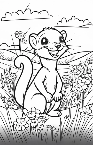 a happy ferret in grasslands, black and white clipart for a kids coloring page, simple and clean, thin line art, accurate features, proportionally sized, illustration style,