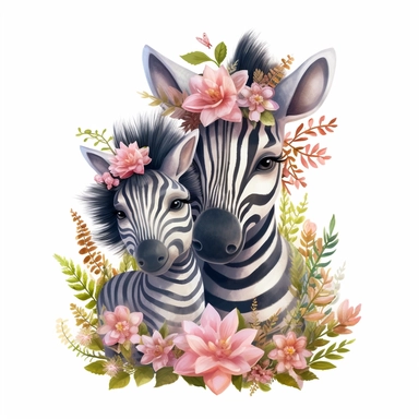 Cute floral illustration, realsitic adorable baby Zebra hugging his mom happy clipart, nursery style clipart, Nursery Animals Art, Kids Wall Art, Kids Room Decor, Baby Room Decor, isolated on white, ultra - detailed, high quality, ghibli style, award winning