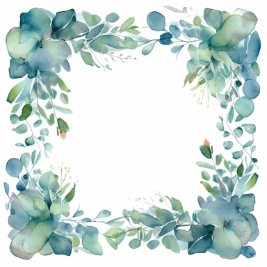 square frame of watercolor eucalyptus branch clipart, in the style of border art, green with blue accents, white background