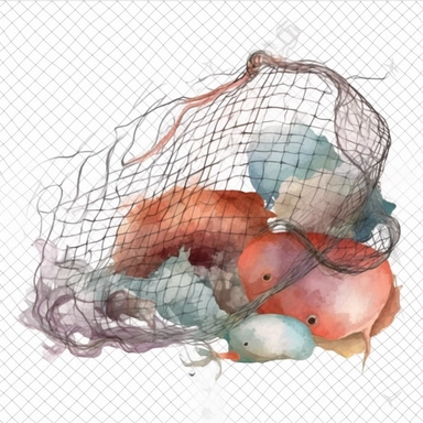 Watercolor fishing net clipart, white isolated background, space out, hd