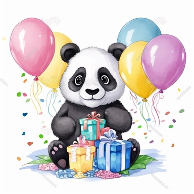 cute cartoon panda birthday illustration clipart, detailed, outline, white background, 4k, digital art, watercolor