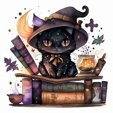 Watercolour cute black witches cat, wearing a witch hat, clipart. The cat is sitting on a bookshelf, surrounded by books and potions. Its fur is a mix of black and orange shades, and its eyes are looking directly at the viewer. The witch hat has a purple ribbon, and the cat is holding a feather quill in its paw. The bookshelf is in a dark, candlelit room, with cobwebs and a cauldron in the corner. The books have titles like The Art of Witchcraft and Magical Potions and Spells. The potions on the