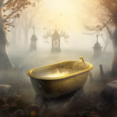 realistic clipart gold bathtub in foggy enchanted graveyard, digital painting -