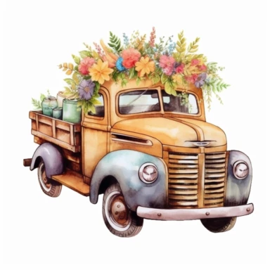 old vintage truck carrying full of flowers on the back, soft pastel color, watercolor style, Sublimation Clipart,hyper realistic, intricate detail, illustration style,high solution,on the white background