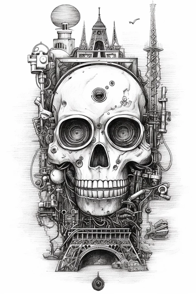 a black and white sketch of a robot, in the style of iron man, drawn like clip art with a strong and detailed feeling of liberty and art nouveau, floating above the eiffel tower in paris