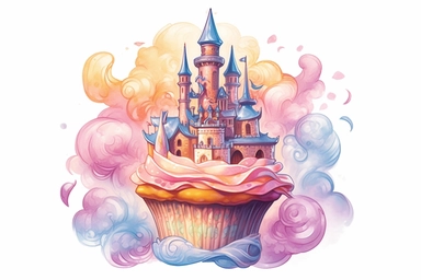 Imagine a delectable cupcake that serves as a gateway to a captivating fantasy world, The frosting on the cupcake transforms into a magical realm adorned with flying ships, floating islands, and ethereal creatures, The scene is bathed in a harmonious blend of pastel shades, evoking a sense of otherworldly beauty, Craft the artwork in the style of watercolor clipart, high-definition, with a spacious composition and a 3:2 aspect ratio, Present the final illustration on a white background, ensuring