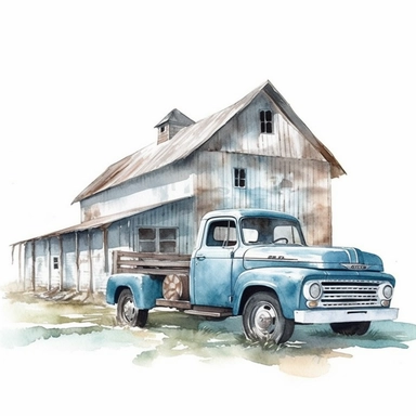 Farm barn light blue and truck clipart watercolor on a white background, high quality, photorealistic highly detailed watercolor painting
