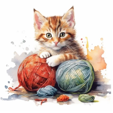 Capture the moment when a cat playfully bats at a ball of yarn or a small object, with a mischievous look on its face. Aquarel, clipart