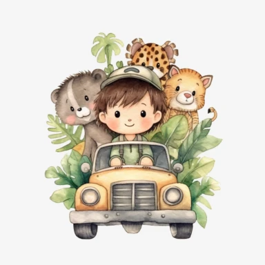 watercolor clipart,A super cute happy boy and safari animals, in a jungle jeep, illustration watercolor style, minimalistic, clipart, children's book illustration, hd, 16k, 4k ,isolated white background,single design, single object, watercolor illustration by mark ryden ,print on demand image, PNG transparent background, white background for removing background