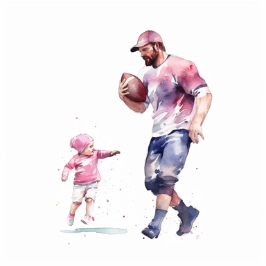Watercolor, father and child in pink playing American football, watercolor style clipart, solid white background