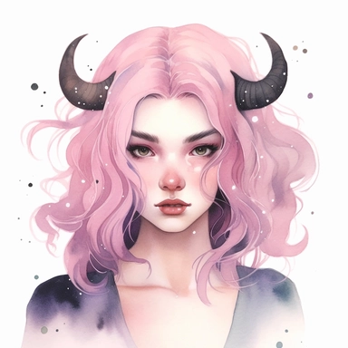Cute zodiac sign Taurus, long hair, pastel colors, white background, fashion illustration, watercolor splash with galaxy elements, clipart, by Jack Hughes