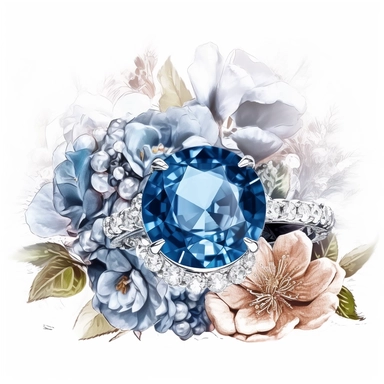 clipart, Elizabeth Taylor’s sapphire ring on top of flowers, solid white background, in the style of ethereal illustrations, mende art, kimoicore, romantic emotivity, rich and immersive, soft color, wedding theme, expensive, double tone effect, silver and sterling, light navy and blue, wedding theme