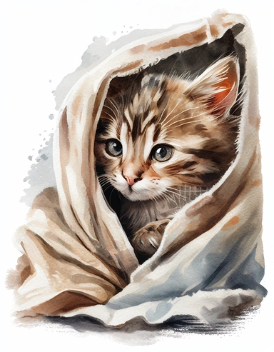 baby cat in a blanket, watercolor clipart, transparent background