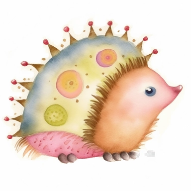 1 beautiful whimsical brown hedgehog, hedgepig, Erinaceus, photorealistic, doodled by a child, simplistic, folk art, cartoony, watercolor texture, soft brush strokes, clipart on white background, high resolution, free margins