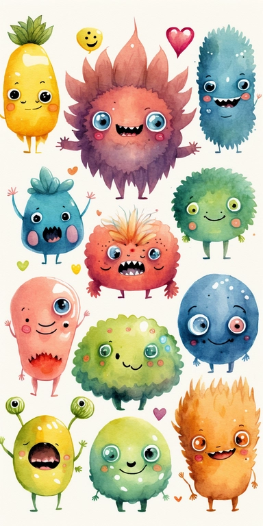lots of happy cute minimalist anime monsters. Watercolor clipart style. White background.
