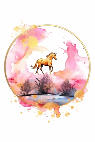 beautiful gorgeous alcohol ink of gold serene nature scene with a central focus on a pink horse , minimalist style, crystals, glam, glossy, glitter texture, liquid ink clipart, modern and stylish design, bright colors, 300 dpi, clear decoration, clear white background, highly detailed digital art, 8k