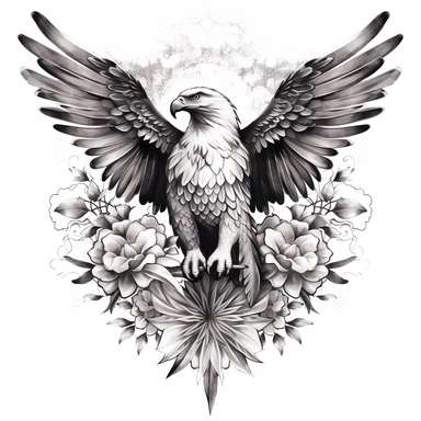 White paper eagle tattoo with black and white shadow with flowers , tattoo clipart