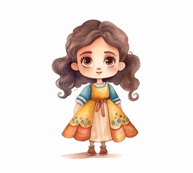 cute adorable little Spanish princess character watercolor clipart, full body, disney, pixar
